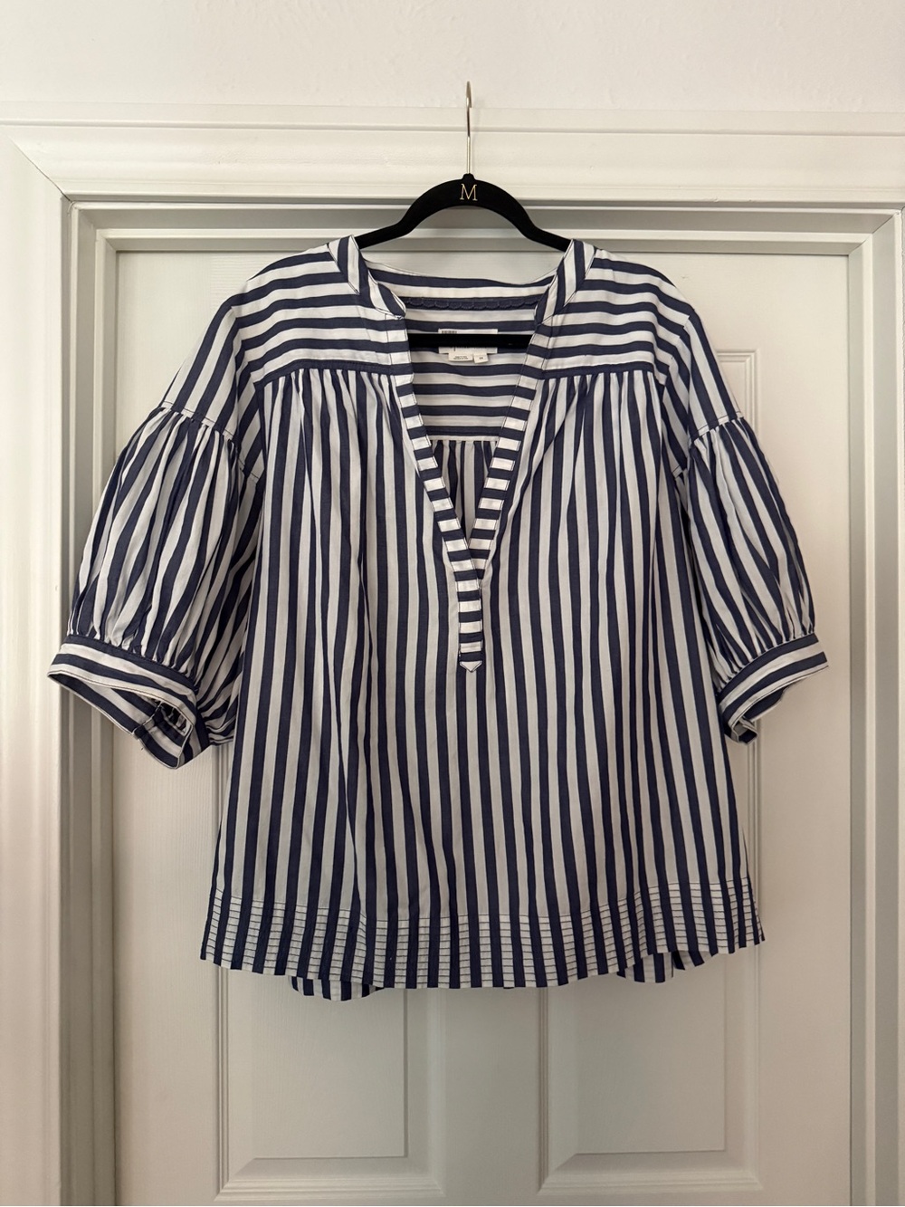 Anthropologie Navy and White Striped Puff-Sleeve Popover Blouse